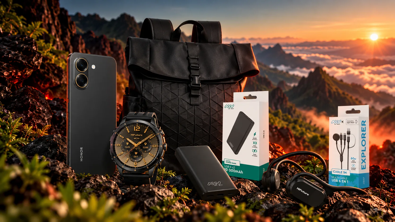 Équipement trail Monster Phone dans les montagnes de La Réunion : smartphone HONOR, montre HiFuture, sac à dos, batteries externes et câble MY WAY, écouteurs sport